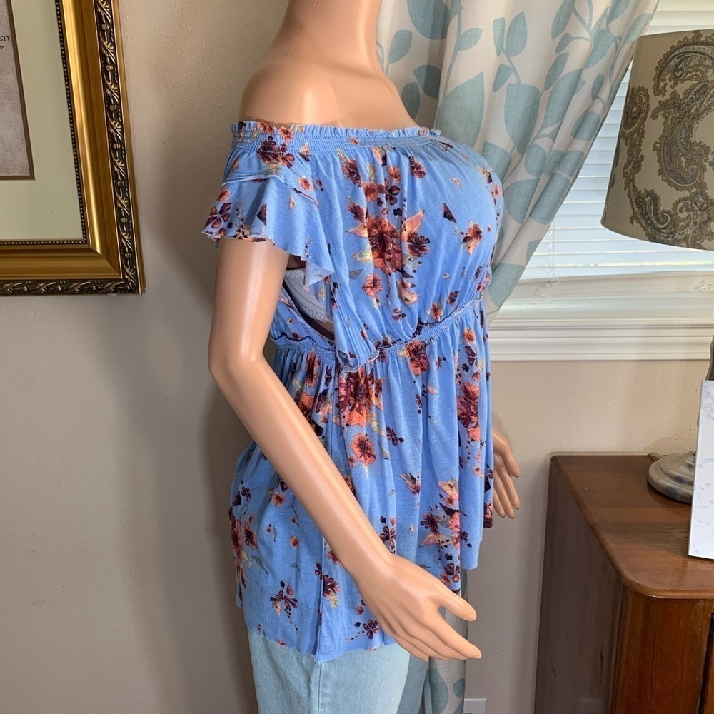 FREE PEOPLE We The Free Sam Lightweight Blue Floral Off Shoulder Top - Picture 6 of 9